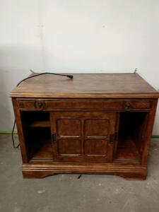 Vintage Mid-Century Wooden TV Console Cabinet, Sliding Doors, 48" x 20" x 32", Built-In Power