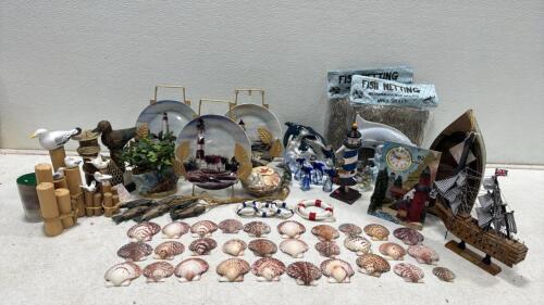 Nautical and Maritime Decor Lot with Model Ships, Figurines, and Shells