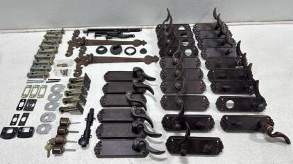 Matching Set of 12 Antique Bronze Lever Handle Door Sets w/ Mortise Locks & Ornate Plates
