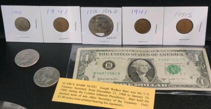 1941 Lincoln Wheat Cents & 1776-1976 D Kennedy Half Dollar, 1963 Barr $1 Note, S Mint Mark