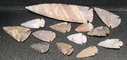 (10) Stone Arrowheads 1&frac12;"-2" Long, (3) Stone Spearheads 2&frac12;"-5&frac34;" Long