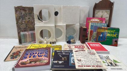 Books, Wall Clock & Collectibles Lot: "Goodnight Moon," "MAD Don Martin," Art Glass, Figurines