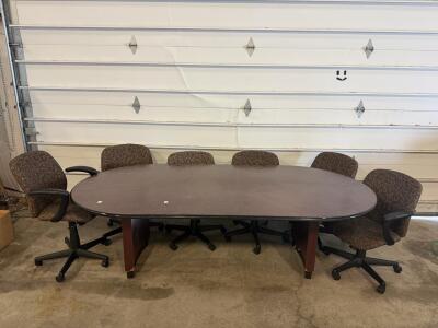 8ft Elliptical Conference Table, Dark Wood, 6 Swivel Padded Office Armchairs