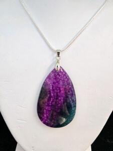 Natural Rainbow Dragon Vein Agate Necklace, Teardrop Gemstone, 24" Chain