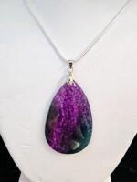 Natural Rainbow Dragon Vein Agate Necklace, Teardrop Gemstone, 24" Chain
