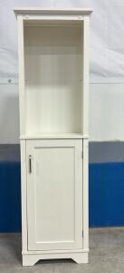 Tall White Storage Cabinet with Door and Open Shelf, Approx. 61" H x "16 W x "11 D