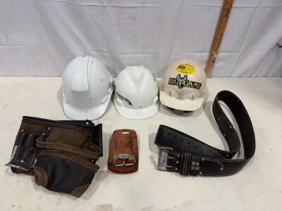 Construction Hard Hats & Leather Tool Belt Bundle &ndash; 3 Hard Hats (Power Plant, Big Game), Multiple Pouches, Adjustable Leather Belt