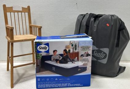 2 Sealy Queen Air Mattress with Built-In Pump and Carry Bag, 1 in box 1 in Carry Bag, 661 lbs Capacity. Doll Chair