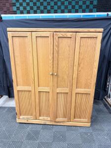 4-Door Oak Wardrobe/Armoire, Paneled Doors, Brass Knobs, Approx. 60x20x72 Inches