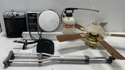 Mixed Lot: Commercial Electric LED Flushmount, HDX 1 Gal Sprayer, 52" Ceiling Fan, Paper Shredder & Crutches