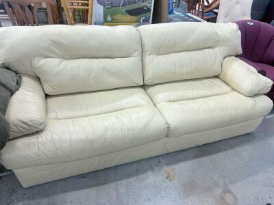 Cream Leather 3-Seater Sofa, Approx. 84"x36"x34", Visible Wear, Sturdy Frame