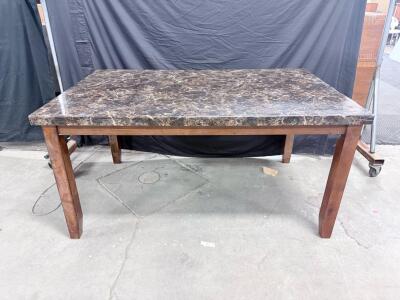 Rectangular Faux Marble Dining Table, Glossy Top, Wood Base, Seats 6, 60&rdquo; x 36&rdquo;