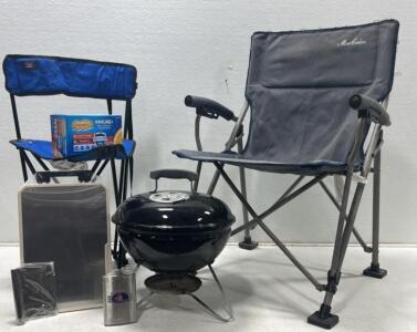 Camping Gear Set: MacSports Folding Chair, Compact Chair, Charcoal Grill, Stainless Steel Cutting Board with Bench Scraper , Flask