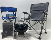 Camping Gear Set: MacSports Folding Chair, Compact Chair, Charcoal Grill, Stainless Steel Cutting Board with Bench Scraper , Flask