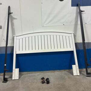 White Slat Headboard with Adjustable Black Metal Bed Frame, Full/Queen, Casters Included