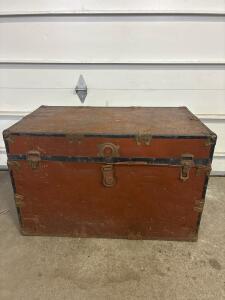 Vintage Steamer Trunk "Wood & Metal, Reinforced Corners, Leather Handle, 1920s-40s 34inWx19inDx21.5inH