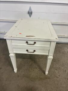 Harmony Vintage Nightstand Table, 2 Drawers, Distressed White, Brass Handles, USA, ca. 1960s&ndash;70s 19inWx25inDx22inH