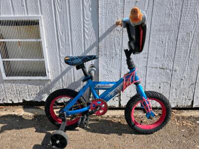 Spider-Man 12" Kids Bike by Huffy with Training Wheels, Coaster Brake, Blue/Red, Marvel Decor