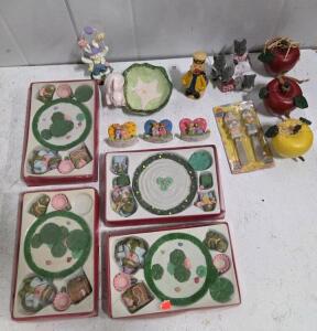 Large Lot Animal-Themed Resin Figurine Sets, Easter Bunny Spreaders, Frog Picnic Sets, Boxed