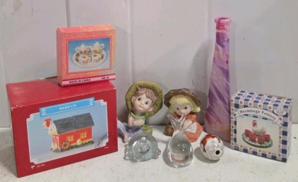 Decorative Collectibles Lot: Porcelain Figurines, Miniature Tea Sets, Glass Animals, Boxed Items
