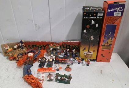 Vintage & Modern Halloween Decor Lot &ndash; 2 Halloween Trees, Magnets, Figurines, Scarecrow