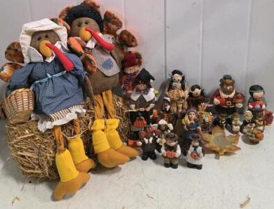 Thanksgiving Figurine & Decor Collection &ndash; 21+ Pieces, Plush Turkeys 18in, Pilgrims, Native Americans