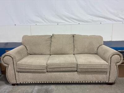 3-Seat Beige Rolled-Arm Sofa with Nailhead Trim and Removable Cushions, 86" Length