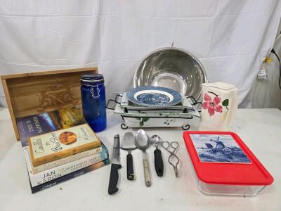 Mixed Kitchenware & Decor Lot: Dutch Bros Tray, Floral Pitcher, Books, Utensils, Glass Dish