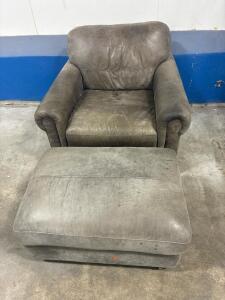 Grey Leather Armchair with Ottoman, Traditional Style, Approx. 35"x45"x36"