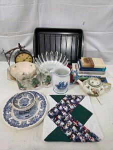 Vintage Viktori Station Wall Clock, Holiday Dishes & Glassware, Books, and Decor Lot