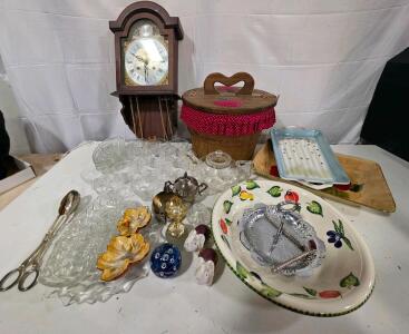 Non-working Grandmother Clock, Glass Teapot and Cups. Hand-Painted Pasta Serving Bowl 14" & Decorative Gold Flower Perfume Bottle