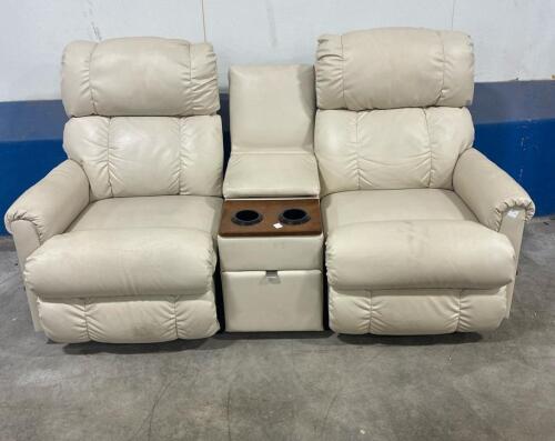 Beige Manual Reclining Loveseat with Console, Cup Holders, and Storage Drawer. L60inx30InDx39inH