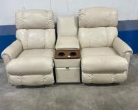 Beige Manual Reclining Loveseat with Console, Cup Holders, and Storage Drawer. L60inx30InDx39inH