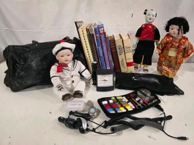 Porcelain Dolls, Craft & Legal Books, Leather Duffel Bag, Sewing Kit, Electronics, Watch Lot