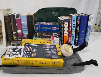 Mixed Lot: 14 Books, 4 Disney VHS Tapes, Deluxe Artist Studio Art Kit, Bags, Craft Supplies