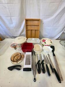 Large Assorted Kitchenware Lot: CorningWare Blue Cornflower, Visions, Knives, Bowls, Organizer