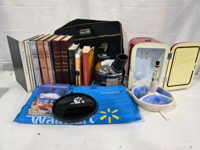 Household Lot: Mini Fridge, Culinare Rocket Chef, Okkasion Bag, Britannica Books, Serveware