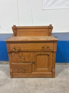 Antique Oak Washstand Cabinet, 3 Drawers, Rope Handles, Circa 1900-1920, Paneled Door 32inLx17inDx35inH
