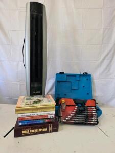 Working Lasko Tower Fan, Non-Working Bosch 9.6V Drill Kit, Craftsman Dual Ratcheting Wrenches, Book Collection Bundle