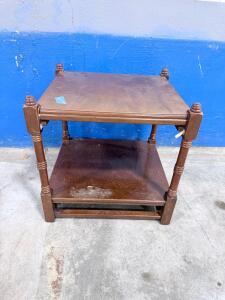 Two-Tier Wooden Side Table, Dark Brown Finish, 20" x 20" x 23", Classic Turned Post Design