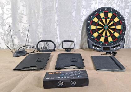 (1) Toshiba Satellite Laptop Battery, (3) Assorted Tablet Cases, (2) TV Antennas, (1) Stereo Antennas & (1) USB Powered Electronic Soft Tip Dart Board