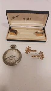 Vintage Swank Geometric Cufflinks in Box & Midcentury Atomic Cufflinks, Elgin Pocket Watch