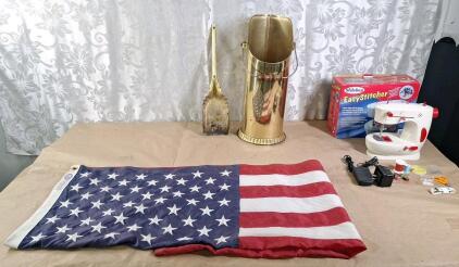 (1) 34" x 60" American Flag, (1) Brass Scuttle Bucket & Matching Shovel, 20"T x 7" Diameter & (1) Stiches Easy Sticher Sewing Machine
