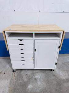 Rolling Storage Cabinet with 6 Drawers, 1 Door, Drop-Leaf Extensions, White & Wood, 47"x19"x32"