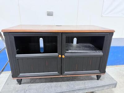 Black & Brown Wood TV Stand/Media Console with 2 Compartments, Paneled Doors, Cable Management