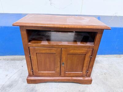Wooden Media Console Cabinet, 32" x 16" x 30", 2 Doors, Open Shelf, Brown Finish