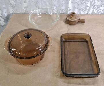 (1) Vintage Corning Visions Amber 5-Quart Dutch Oven Casserole Dish W/ Lid, (1) Vintage Pyrex 233-N Amber 9" x 12" Baking Casserole Dish, (1) Vintage Pyrex 026 3-Quart Clear Glass Casserole Dish & (1) Stone Wave Microwave Cooker