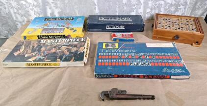 (4) Vintage Board Games & (1) Vintage Wooden Labyrinth Tilting Maze Game & (1) Vintage 10" Pipe Wrench