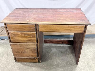 Wooden Office Desk with 3 Drawers and Central Drawer, Medium Brown Finish