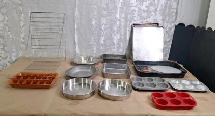 (1) 3-Piece Copper-Colored Nonstick Brownie Pan, (2) Cooling Racks, (3) Muffin Pans & Assorted Bakeware